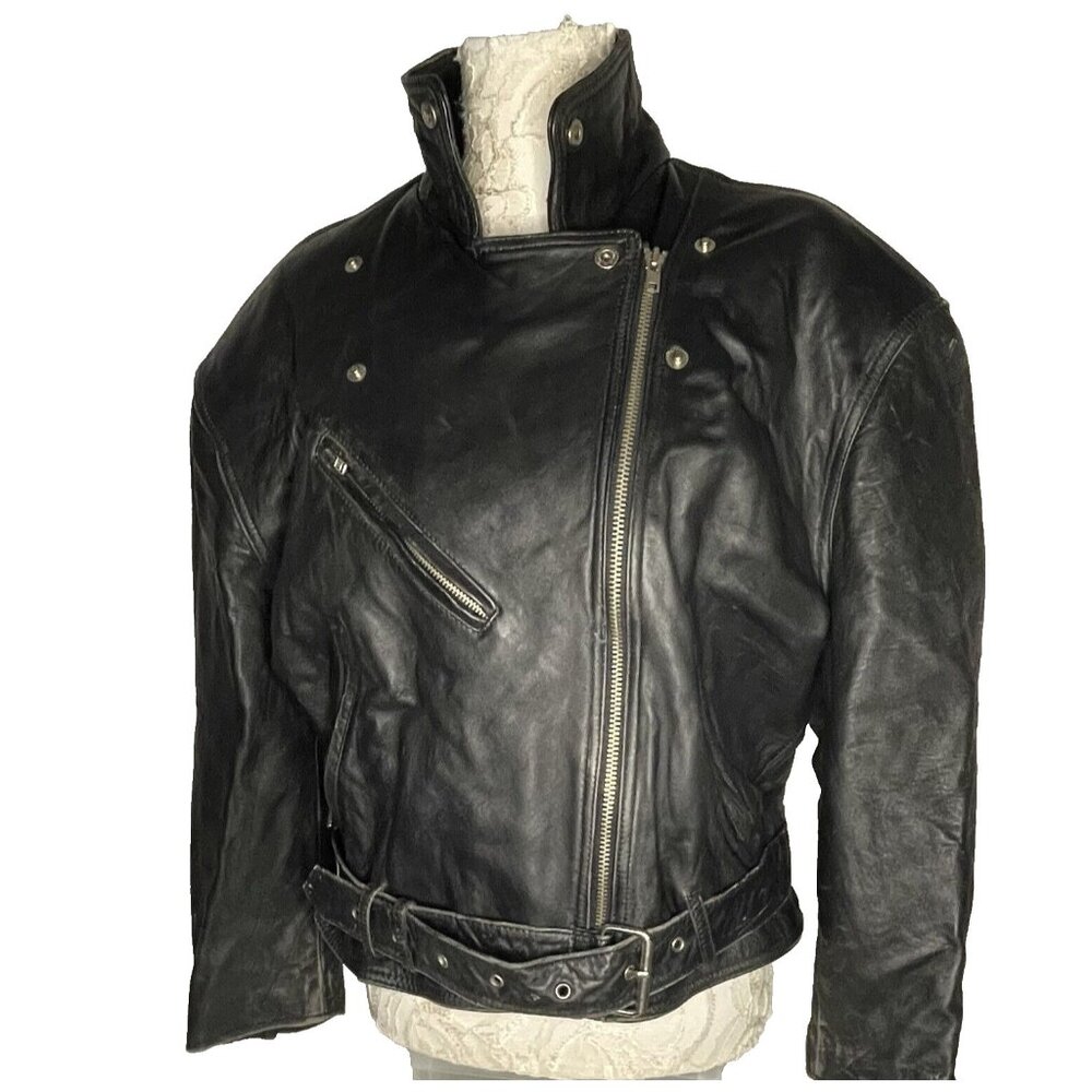 Vintage W sz M Brass Plum Nordstrom Black Leather Jacket Moto Biker Zip Buckle